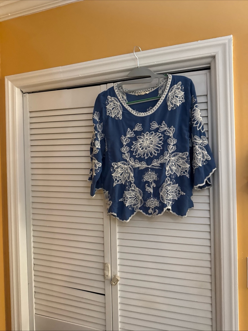 Solitaire Navy Blue Embroidered Scalloped Hem Blouse